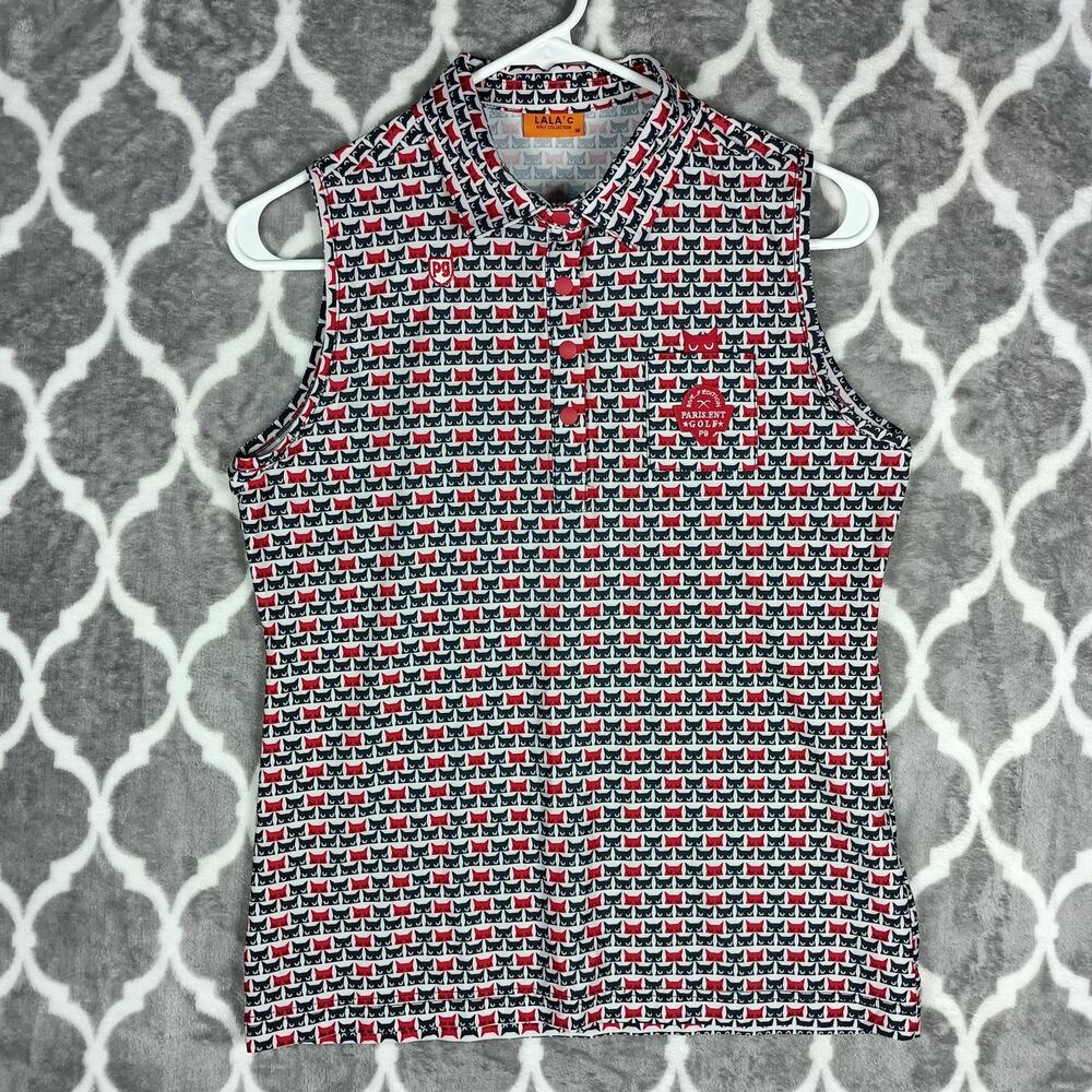 LALA'C Golf Polo Shirt Womens Medium Cat Print Sleeveless Collared Red Black